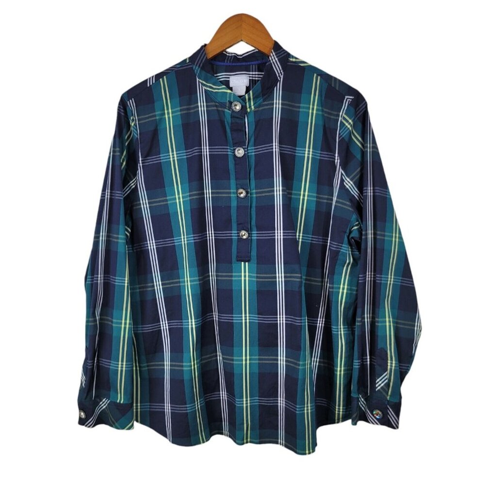 Chicos Plaid Pullover Top Size 3 XL Shirt Casual Gemstone Buttons Green Blue - Picture 2 of 8